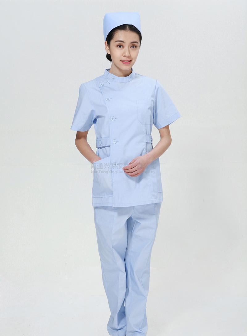 蓝色护士服夏款套装右偏襟立领